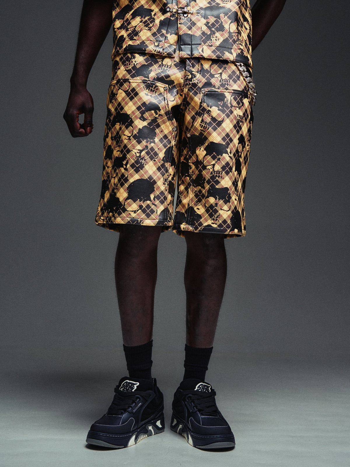 Guapi Gold Skull Plaid Leather Shorts