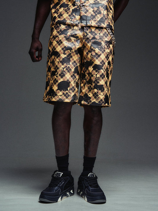 Guapi Gold Skull Plaid Leather Shorts