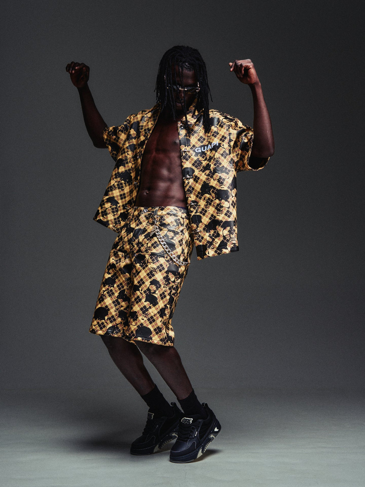 Guapi Gold Skull Plaid Leather Shorts